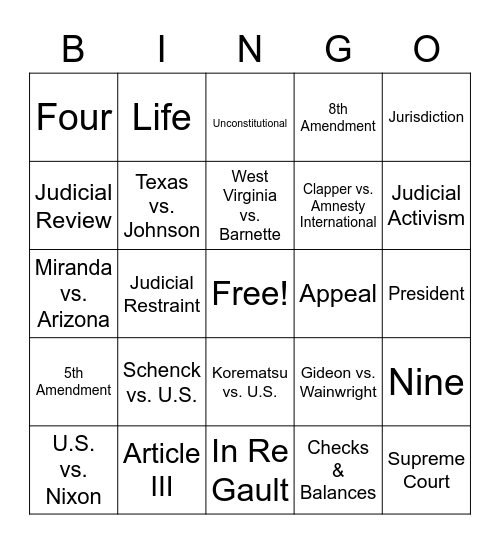 Judicial Branch Review Bingo Card