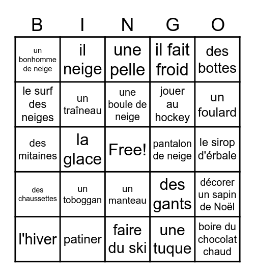 Winter Vocabulary- Madame I Bingo Card