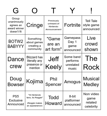 Game Awards Bingo 2021 Bingo Card