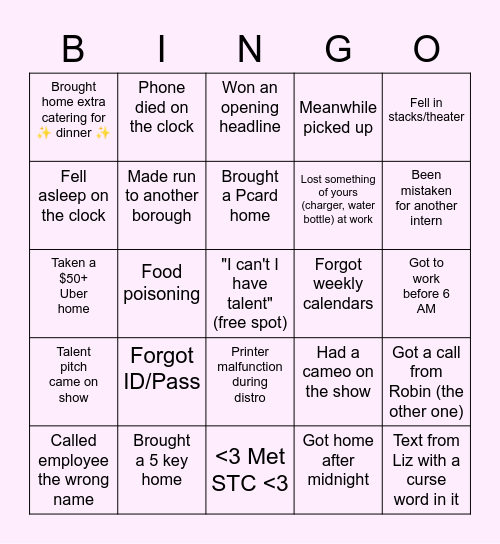 STC Intern Bingo Card