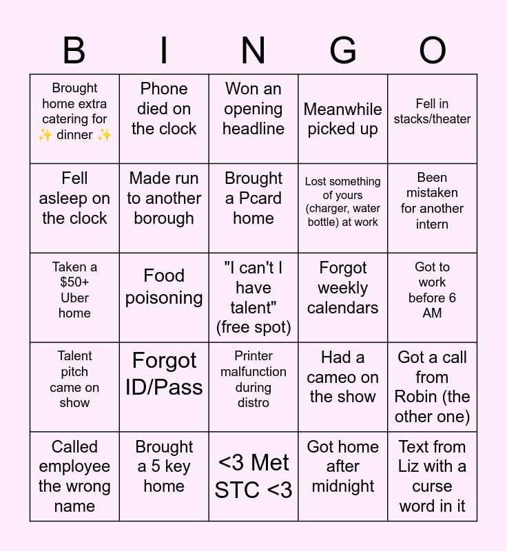 STC Intern Bingo Card