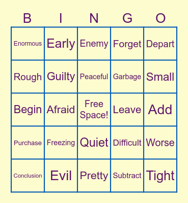 Synonyms & Antonyms Bingo Card