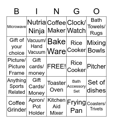 Curt & Kristina Wedding Gift Bingo Card
