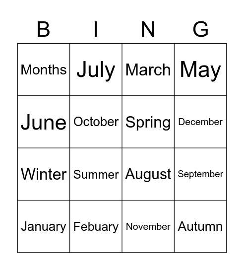 Months of the year Bingo Card