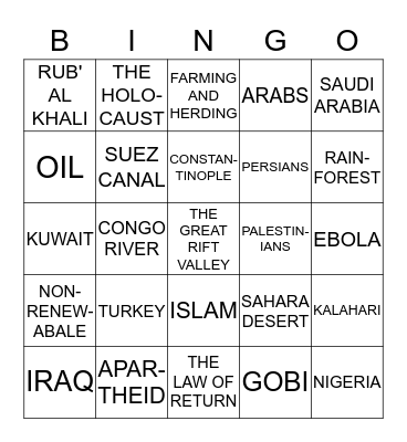 SOUTHWEST ASIA AND AFRICA REVIEW Bingo Card