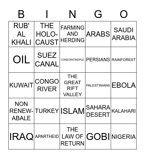 SOUTHWEST ASIA AND AFRICA REVIEW Bingo Card