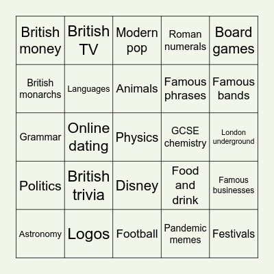 Choose your categories Bingo Card