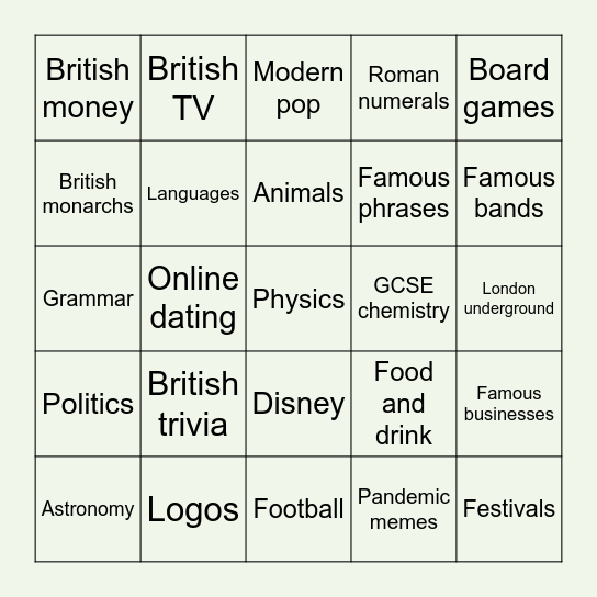 Choose your categories Bingo Card