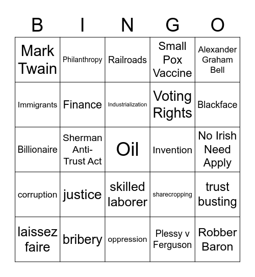 Gilded Age Bingo Card