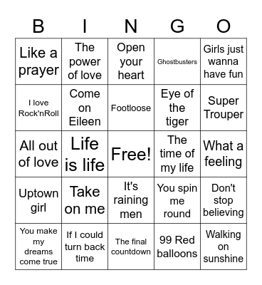 80's Music Hits Bingo Card