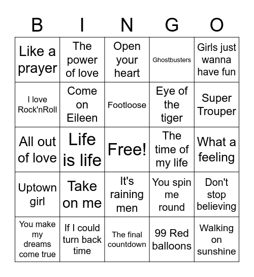 80 s Music Hits Bingo Card