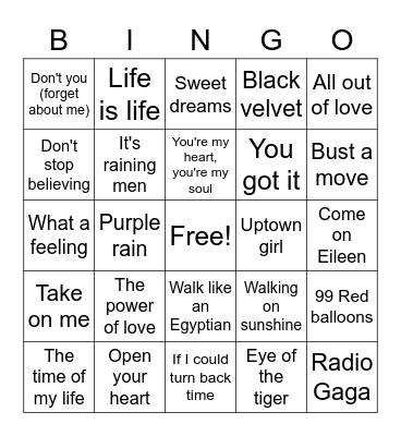 80's Music Hits Bingo Card