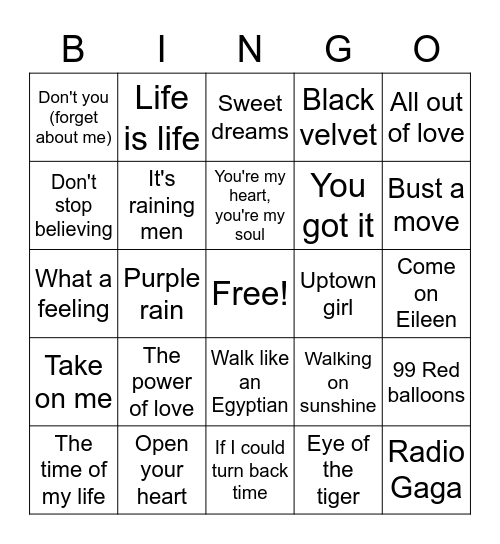 80's Music Hits Bingo Card