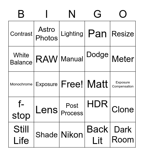 Photography Terms Bingo Card