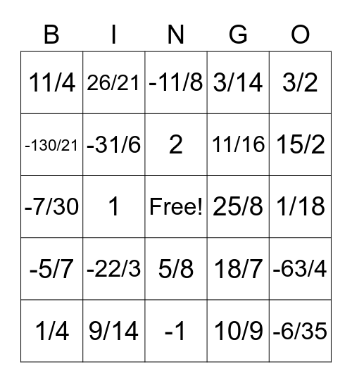 Fractions Bingo! Bingo Card