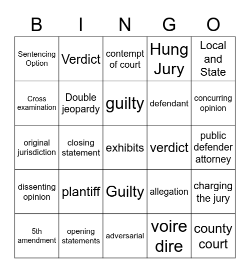 Court Procedures Bingo Card