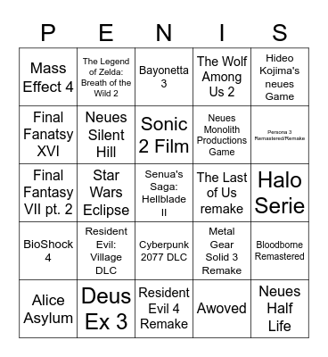 Game Awards Bingo Card
