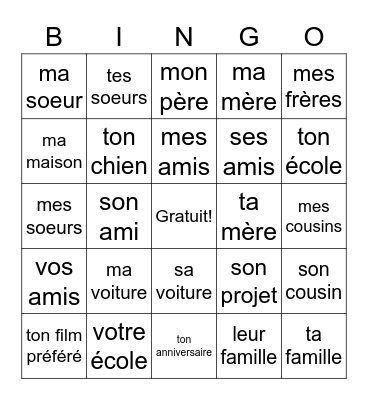 Les adjectifs possessifs Bingo Card