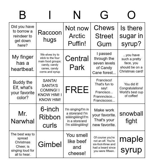 ELF MOVIE BINGO Card