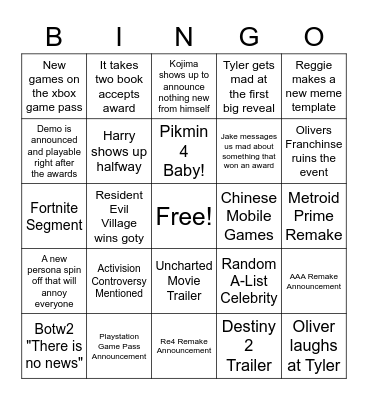 Game Awards Bingo Card