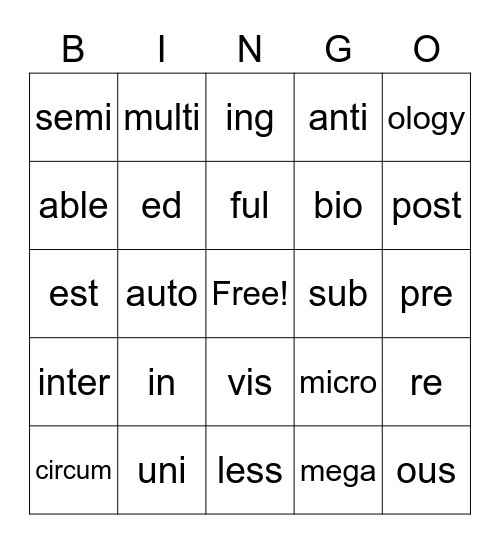 Prefix and Suffix Bingo Card