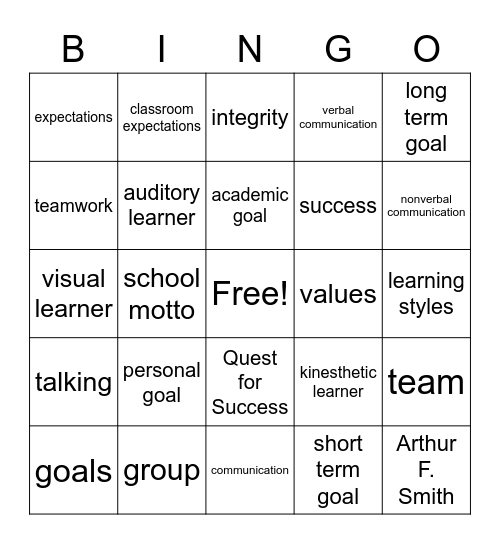 QFS Vocabulary Terms Bingo Card