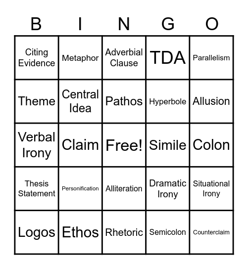 ELA Bingo Card