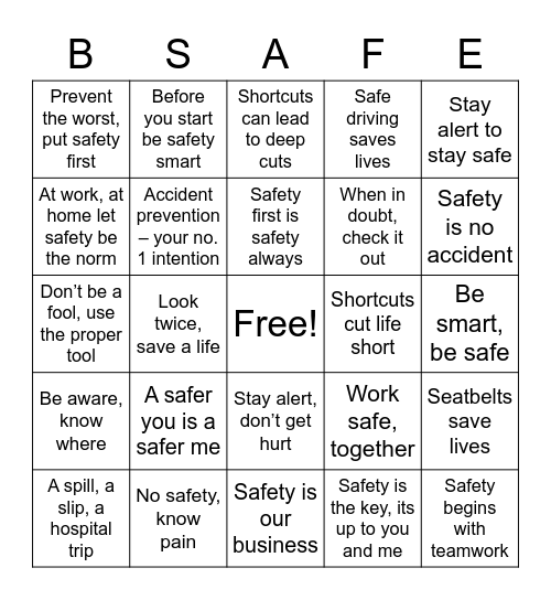 Fleet Safety Bingo - RH Bingo Card