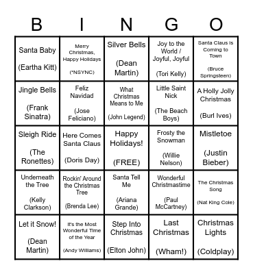 Christmas Song BINGO Card