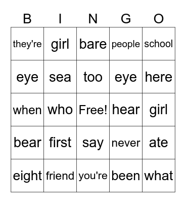 SNAP word Bingo Card