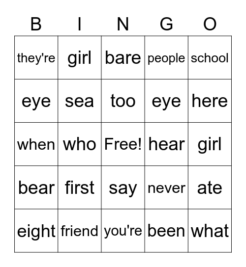 SNAP word Bingo Card