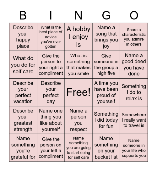 Self Esteem Bingo Card