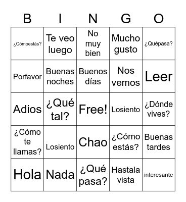 Spanish Bingo Card