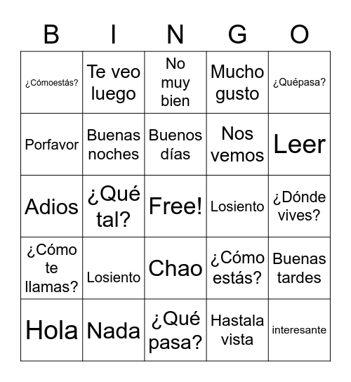 Spanish Bingo Card
