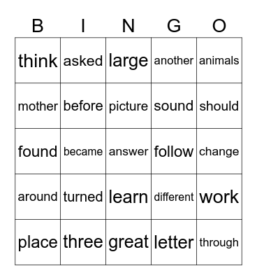 Sight Words Bingo Card