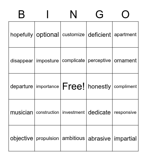 3 syllables Bingo Card