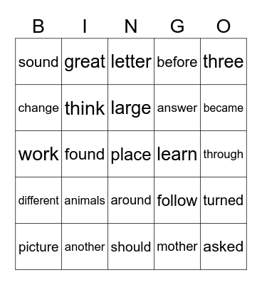 Sight Words Bingo Card
