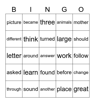 Sight Words Bingo Card