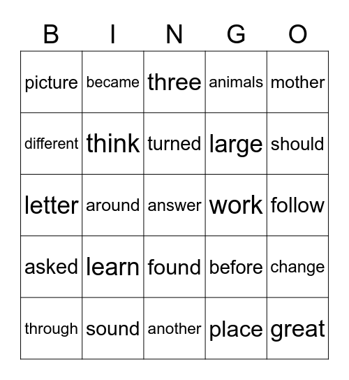 Sight Words Bingo Card