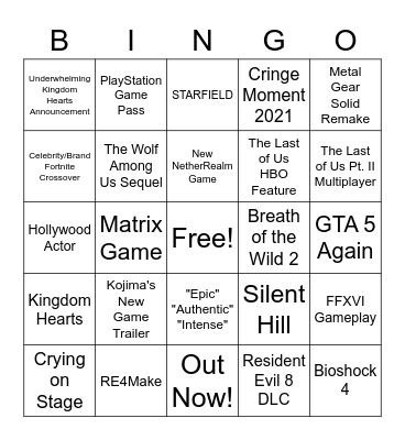 The Game Awards Bingo Card