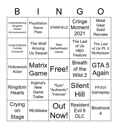 The Game Awards Bingo Card