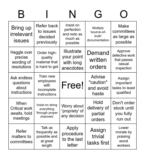 "Intentional" Sabotage Bingo Card