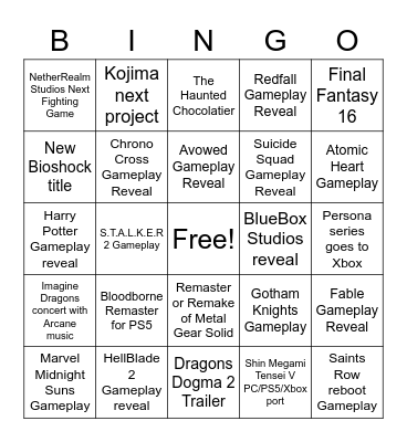 TGA 2021 Bingo Card