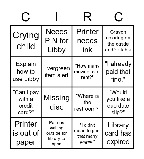 Public Library Bingo Card