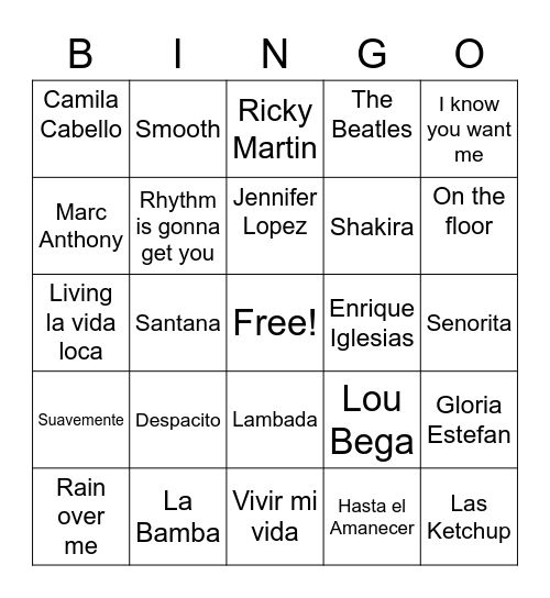 Latino Songs Bingo Card