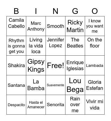 Latino Songs Bingo Card