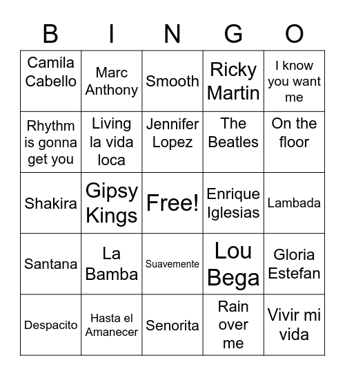 Latino Songs Bingo Card