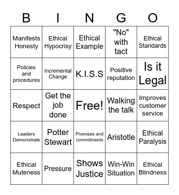 Values and Ethics Bingo Card