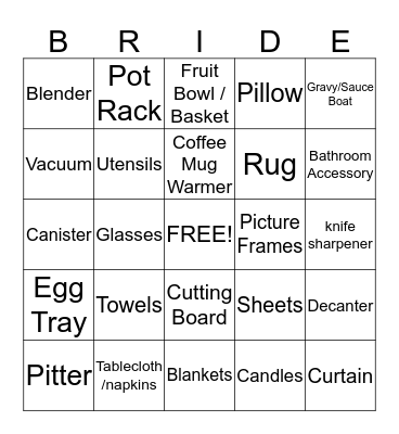 Marjorie's Bridal Shower Bingo Card