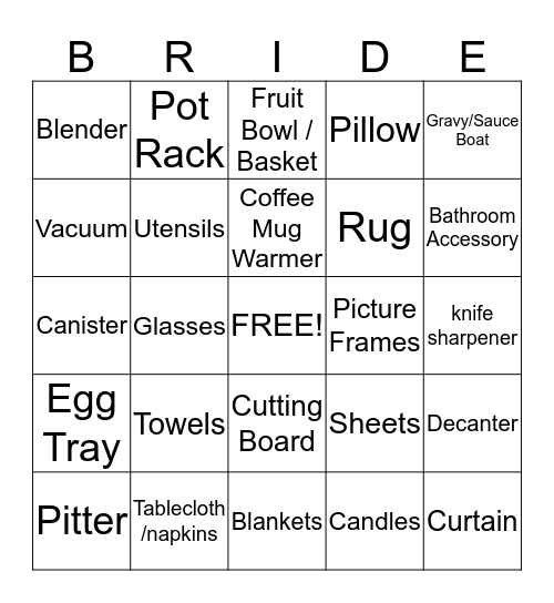 Marjorie's Bridal Shower Bingo Card